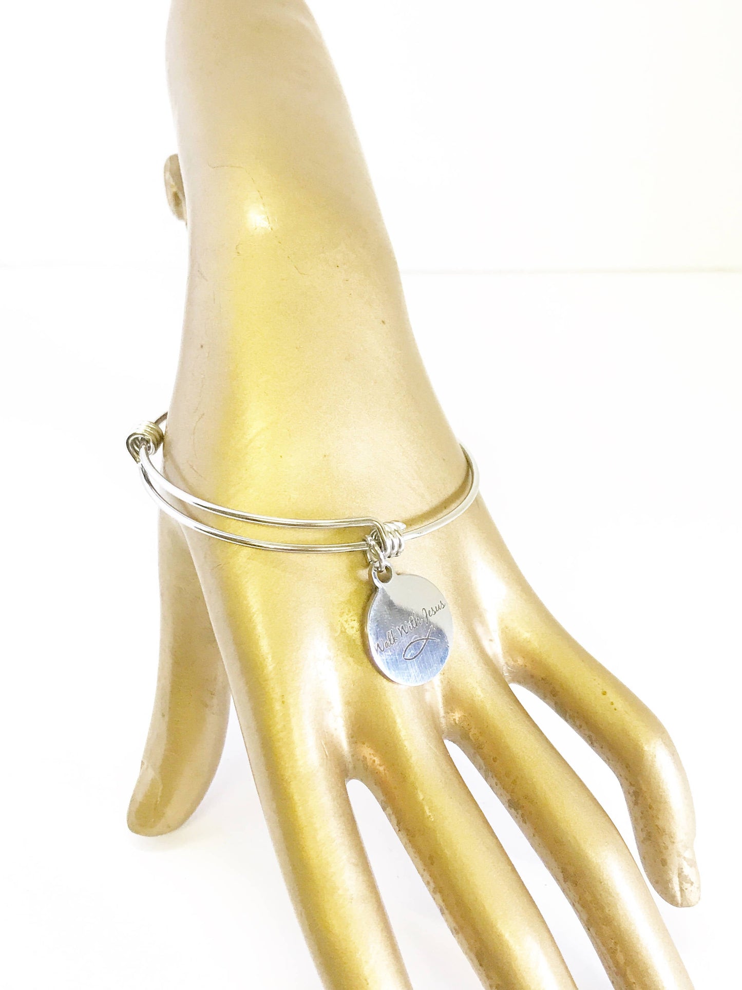 Walk With Jesus Fish Expanding Bangle Charm Bracelet, Scripture Jewelry Gift For Her, Baptism Gift, Confirmation Gift, Christian Jewelry