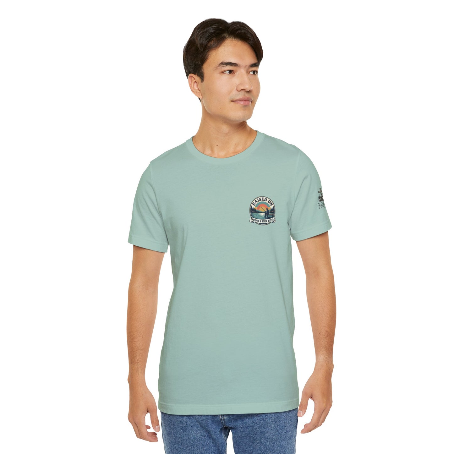 Raised on Prayer & River Water T-Shirt | Fishing Sunset Outdoor Faith Design