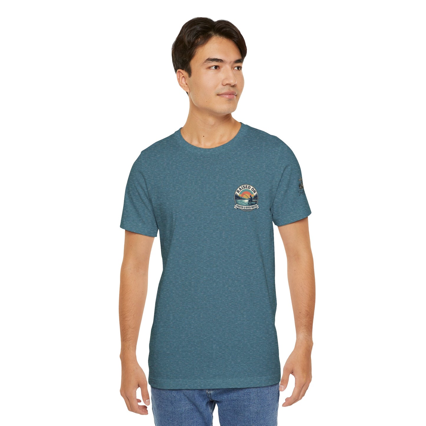 Raised on Prayer & River Water T-Shirt | Fishing Sunset Outdoor Faith Design