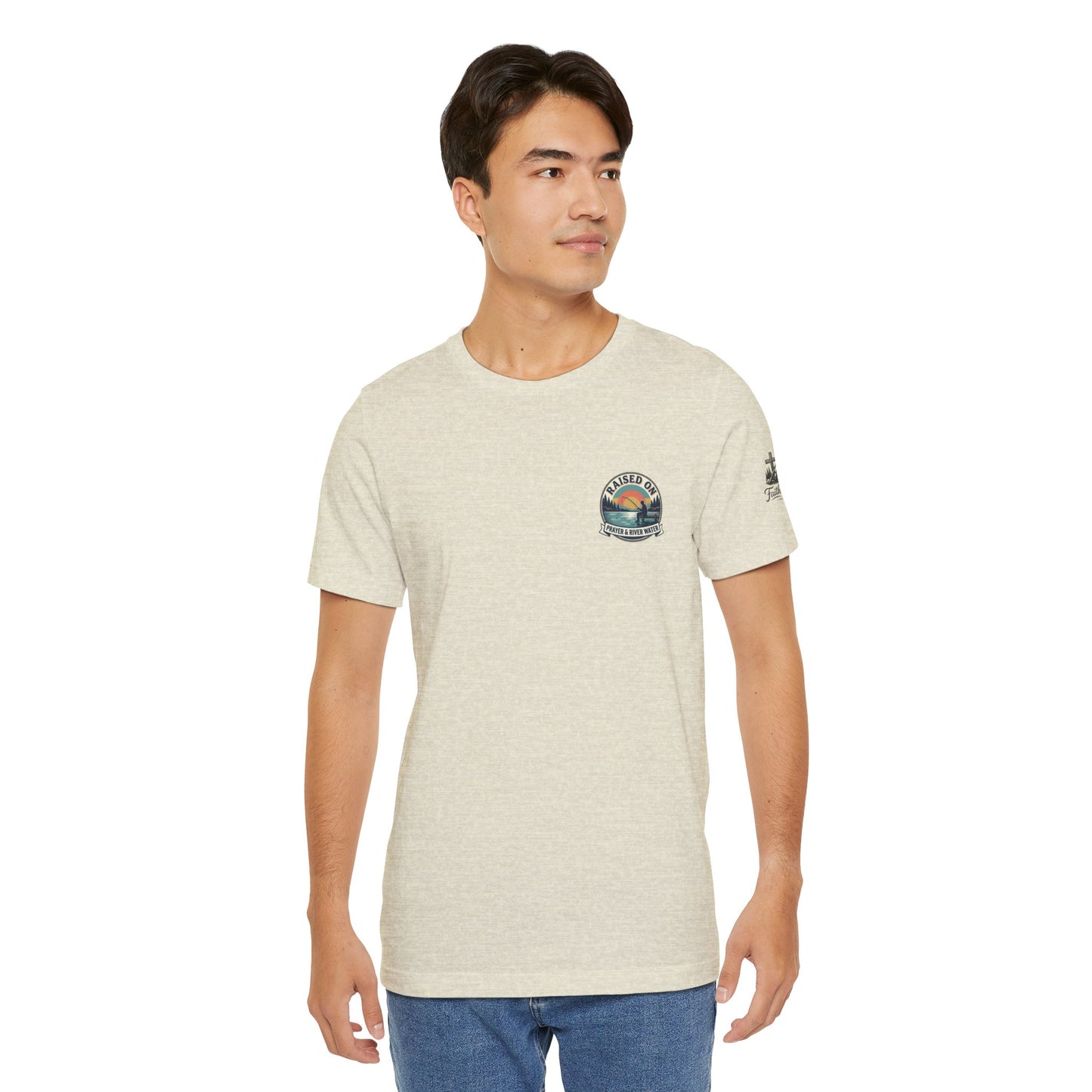Raised on Prayer & River Water T-Shirt | Fishing Sunset Outdoor Faith Design