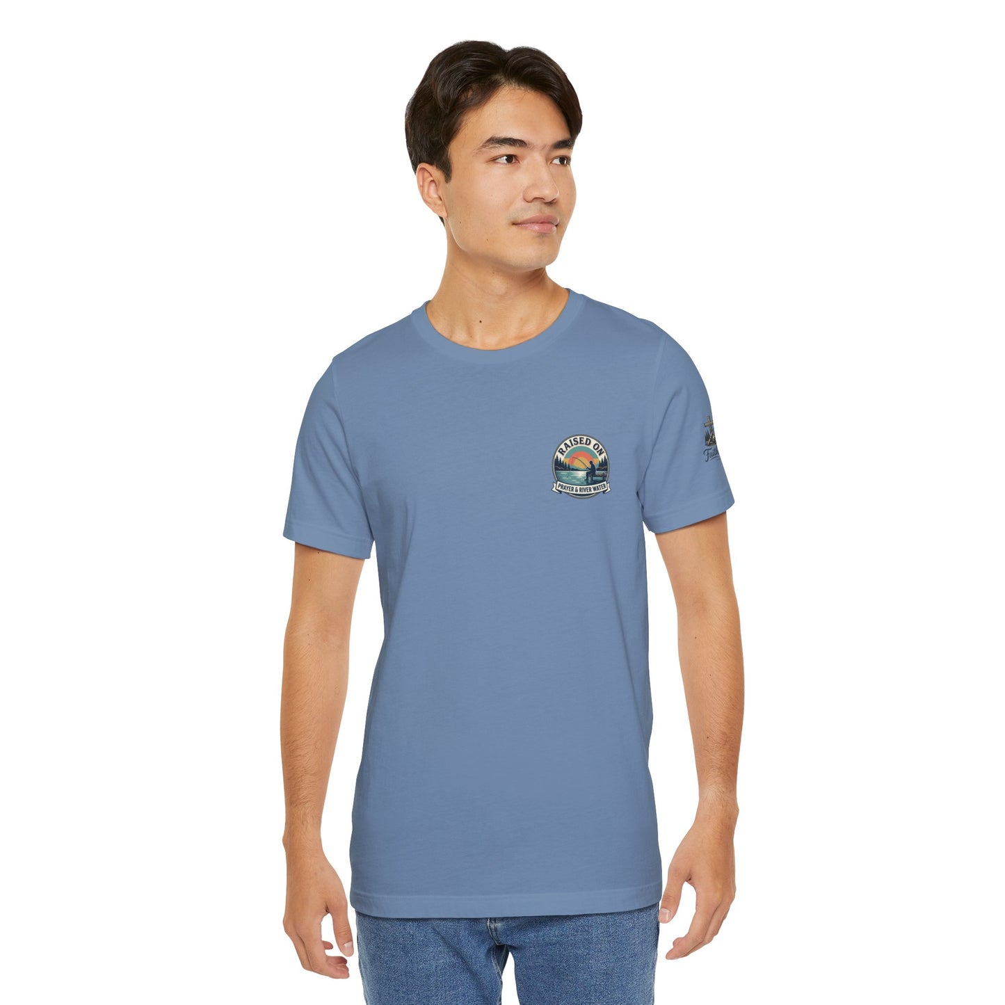 Raised on Prayer & River Water T-Shirt | Fishing Sunset Outdoor Faith Design