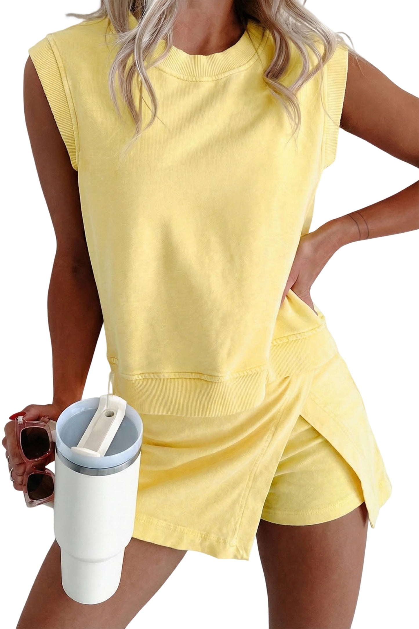 Myosotis 2 Pieces Mineral Wash Cotton Tank Top Lined Split Skort Set