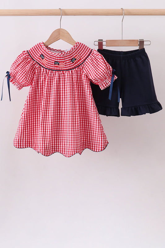 Red flag smocked gingham ruffle shorts set