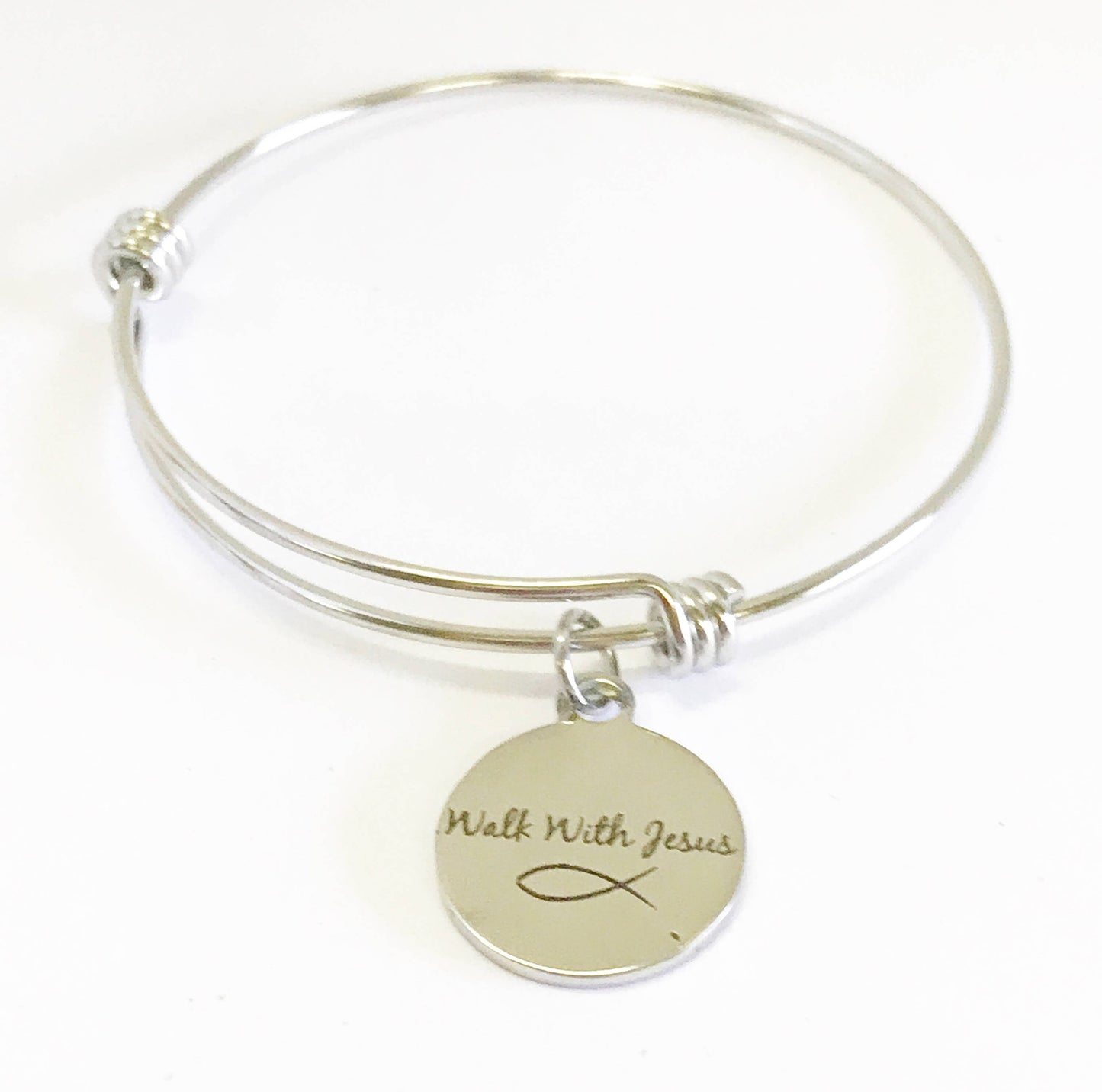 Walk With Jesus Fish Expanding Bangle Charm Bracelet, Scripture Jewelry Gift For Her, Baptism Gift, Confirmation Gift, Christian Jewelry
