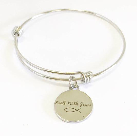 Walk With Jesus Fish Expanding Bangle Charm Bracelet, Scripture Jewelry Gift For Her, Baptism Gift, Confirmation Gift, Christian Jewelry