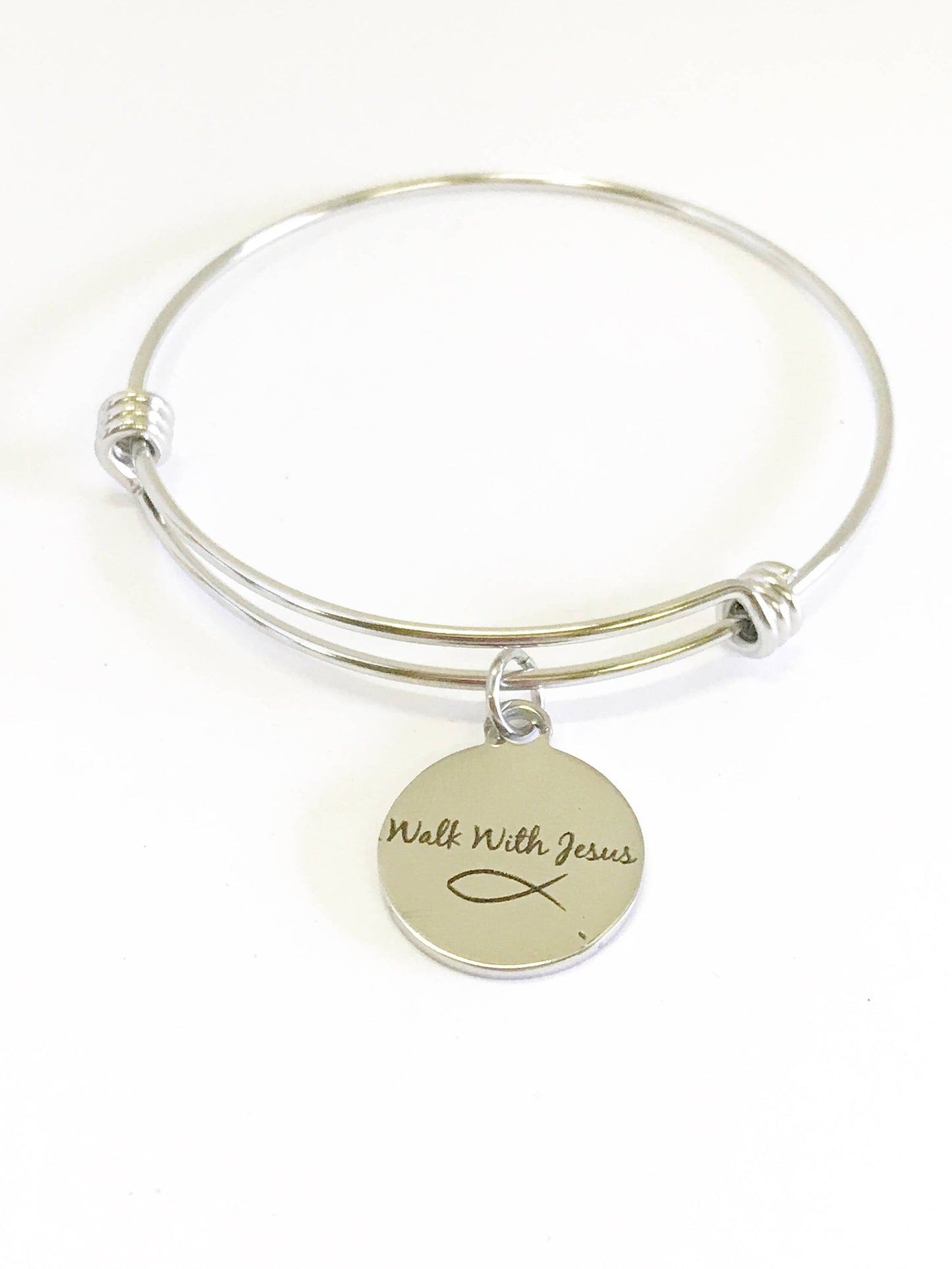 Walk With Jesus Fish Expanding Bangle Charm Bracelet, Scripture Jewelry Gift For Her, Baptism Gift, Confirmation Gift, Christian Jewelry