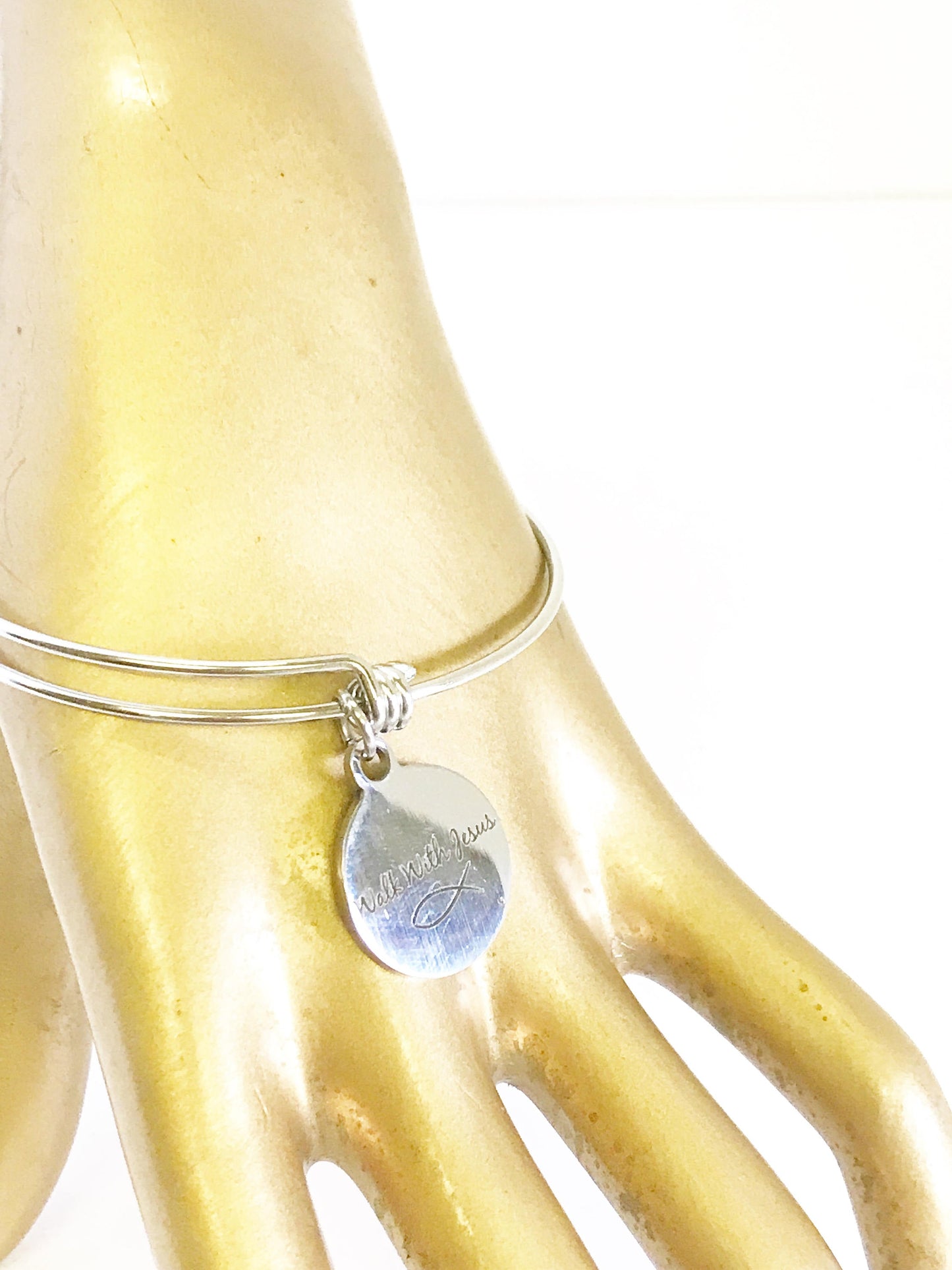 Walk With Jesus Fish Expanding Bangle Charm Bracelet, Scripture Jewelry Gift For Her, Baptism Gift, Confirmation Gift, Christian Jewelry